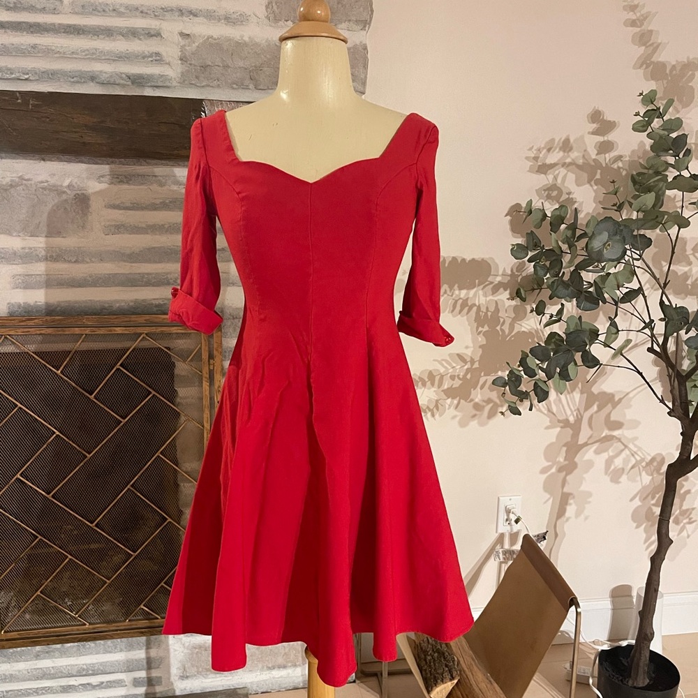 Unique Vintage red stretch mini dress fit and flare size XS. Cotton and spandex